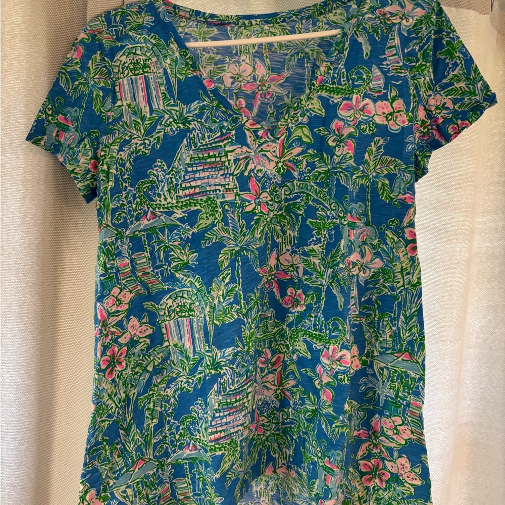 Lilly Pulitzer Etta V-Neck Top Cotton Boca Blue Beneath The Bougainvillea Sz M